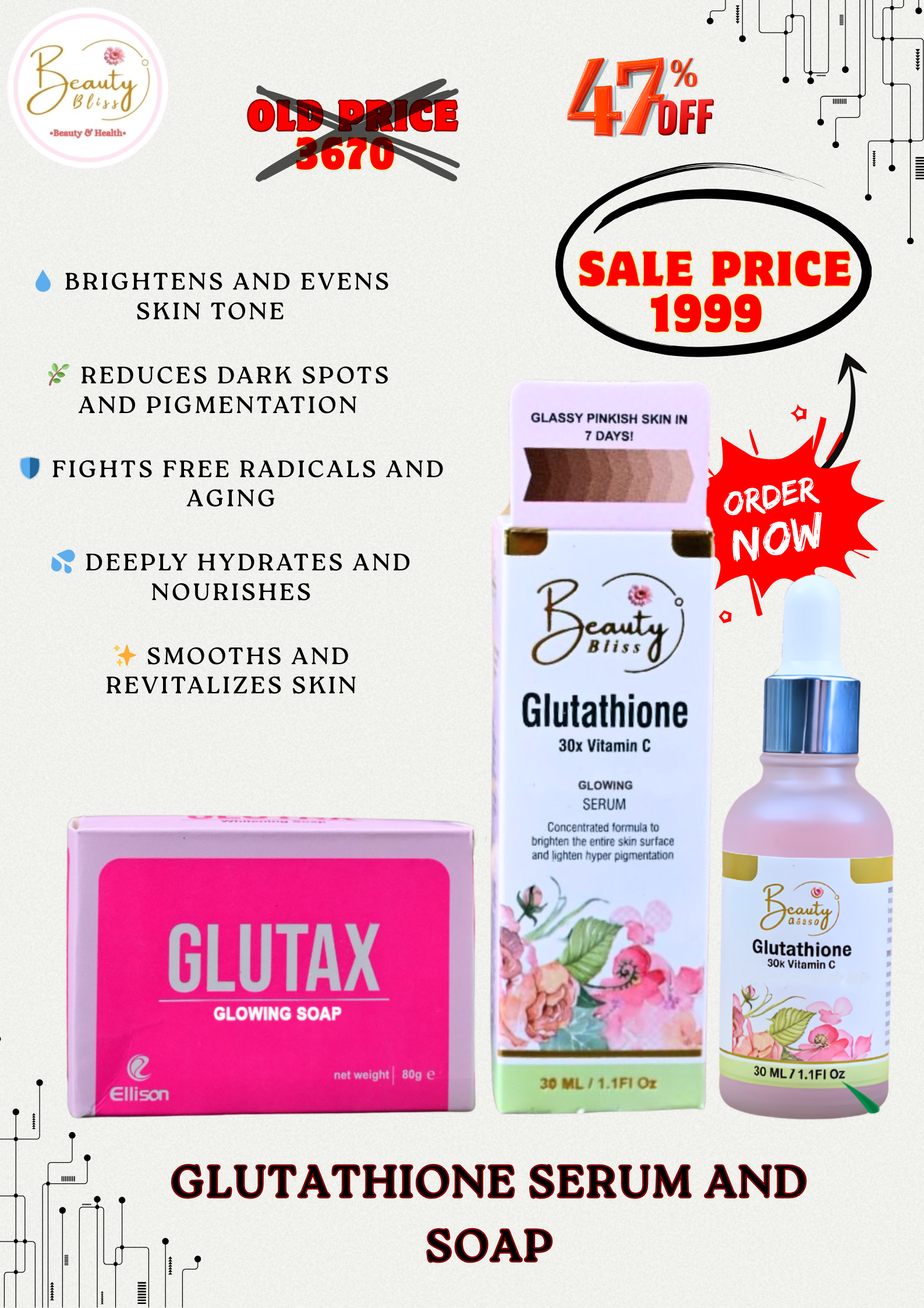 GLUTATHIONE + 30X VITAMIN C SERUM + GLUTAX SOAP FREE